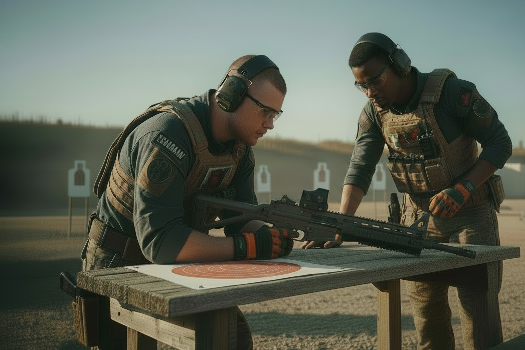 Two individuals in tactical gear at a shooting range